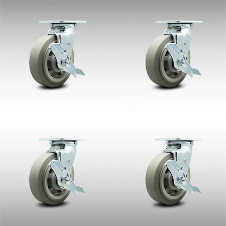 Service Caster 6 Inch SS Thermoplastic Rubber Swivel Caster Set with Roller Bearings and Brakes SCC-SS30S620-TPRRF-TLB-4